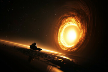 A shimmering black hole distorts the stars around it, with a small spacecraft on the edge, symbolizing the danger and mystery of the final frontier