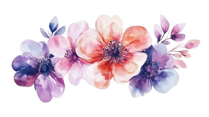 pink, purple and red flowers in watercolor style, on white background