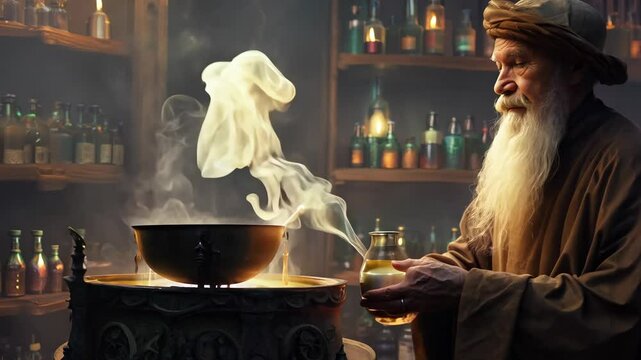 Elderly alchemist preparing a magic potion in his dark, mysterious laboratory