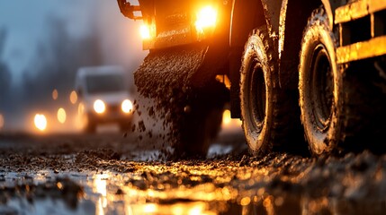 Mud splattered truck on road at night.