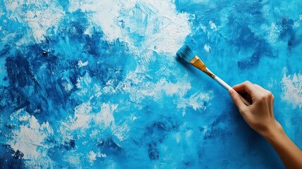 Handmade painting, Acrylic blue color painting abstract on canvas, Hand drawn, Flat lay, overlay, texture background, designed promotional product concept, Copy space, Modern, contemporary, Original