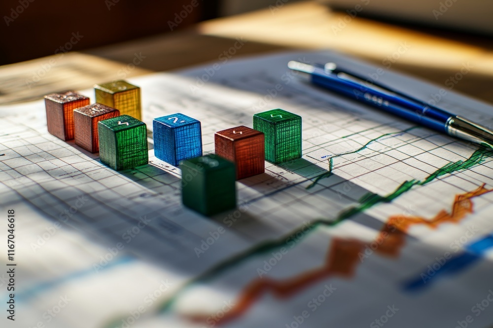 Aufkleber close up view of project chart with line graph and colored blocks on office desk with ink pen
