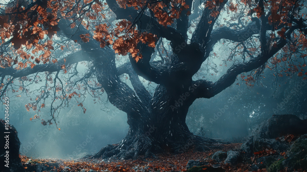 Poster ancient tree with twisted branches and razor-like features in mystical atmosphere