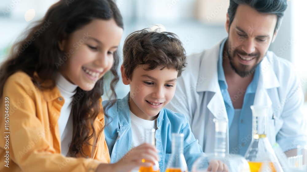 Poster a joyful science lesson with children experimenting with colorful liquids, guided by an enthusiastic