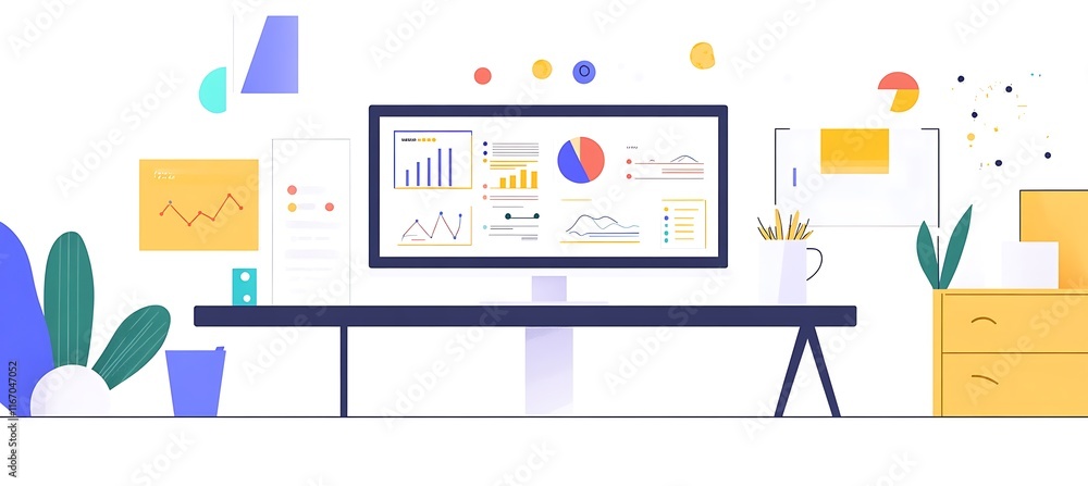 Poster a clean and modern workspace with a large monitor displaying a real-time business dashboard, set aga