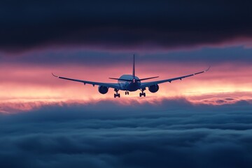 Boeing airplane in sunset sky  panoramic banner for travel and business planning concepts