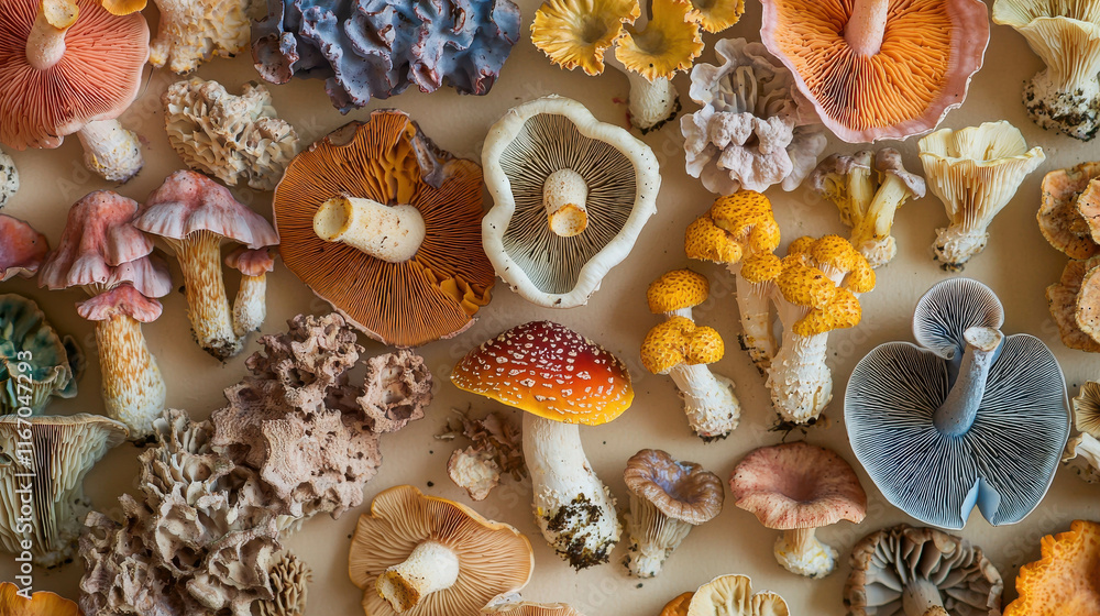Poster colorful artistic display of fungi with unique shapes and textures