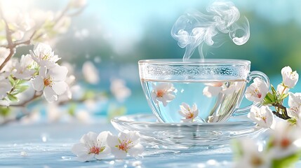 Spring Tea  Blossoms  Hot Drink  Glass Cup  Floral Background