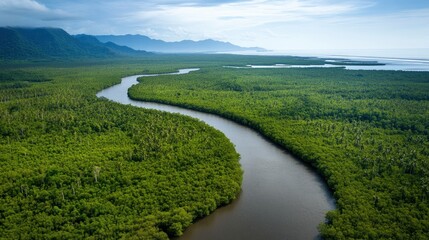 Aerial view of a mangrove forest with a river in the Riau Islands, Indonesia. top-down perspective, high resolution, high definition, high quality, high detail, high contrast, high color, professional