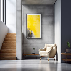 Modern Living Room Interior Beige Armchair Yellow Abstract Art Concrete Wall Wooden Stairs