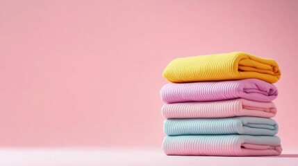 Neatly stacked pile of folded pastel clothes with a soft, airy background, symbolizing simplicity and cleanliness