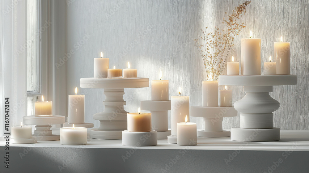 Poster elegant display of candles in various sizes on a soft light background