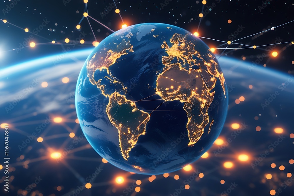Poster an abstract technological background featuring a mesmerizing earth planet surrounded by shimmering d