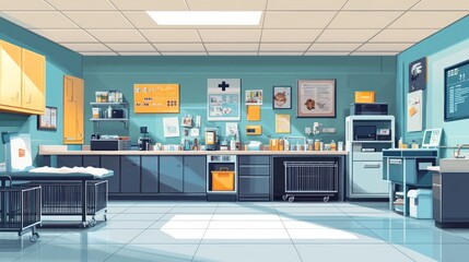 Sunlit veterinary clinic interior with examination table, cabinets, and medical equipment.