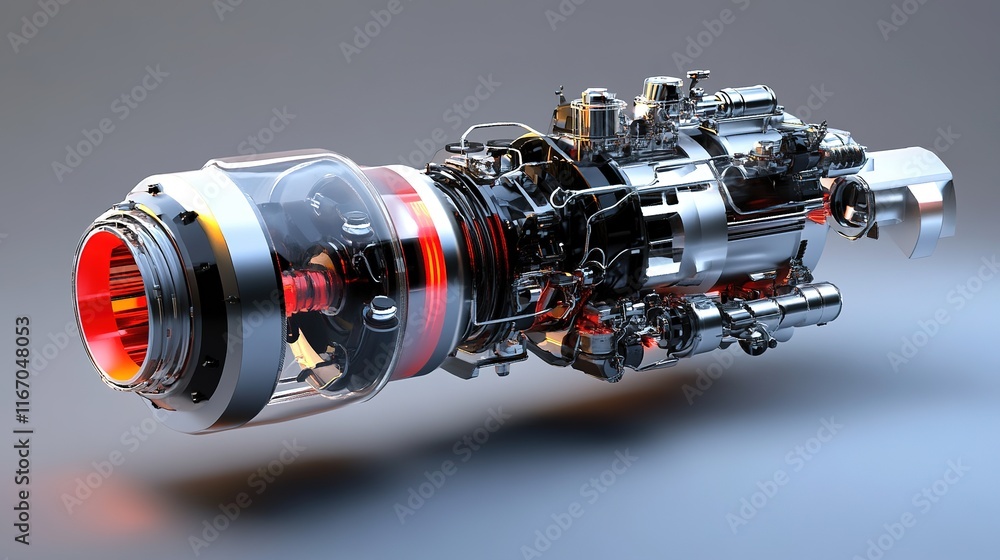 Poster a concept design for a modular engine, optimized for efficiency and flexibility.