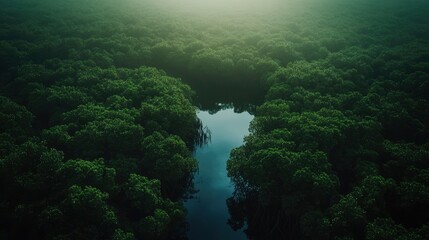 Aerial view of a mangrove forest with a river in the Riau Islands, Indonesia. top-down perspective, high resolution, high definition, high quality, high detail, high contrast, high color, professional