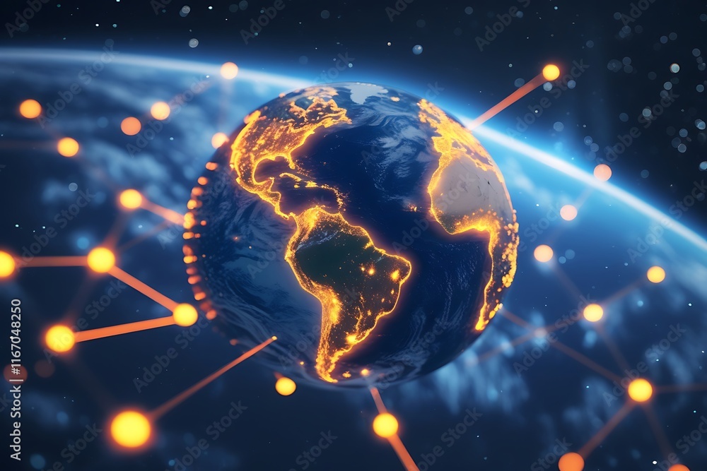 Aufkleber an abstract technological background featuring a mesmerizing earth planet surrounded by shimmering d