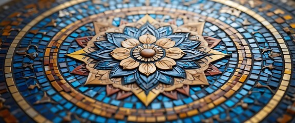 Obraz premium Intricate Mosaic Pattern Forms Circle on Floor with Blue, Gold Floral
