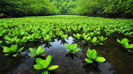 Aerial view of a mangrove forest with a river in the Riau Islands, Indonesia. top-down perspective, high resolution, high definition, high quality, high detail, high contrast, high color, professional