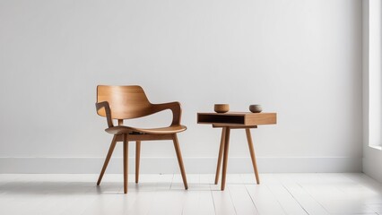 chair and wood side table against empty white color wall background. Minimalist style home