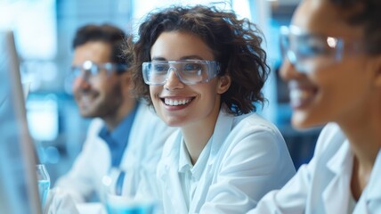 A cheerful group of scientists in lab coats and safety goggles, engaged in their work in a modern laboratory setting.