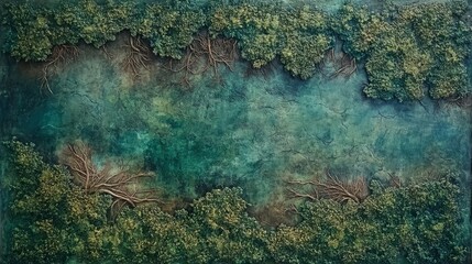 Aerial view of a mangrove forest with a river in the middle, highly detailed, professional drone photography, wide-angle lens, professional color grading.