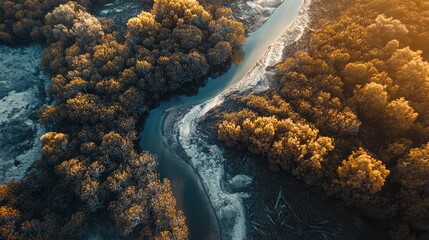 Aerial view of a mangrove forest with a winding river on the island. Top-down view, drone shot, wide-angle lens, sunny day, high-resolution photography, insanely detailed, fine details, professional 