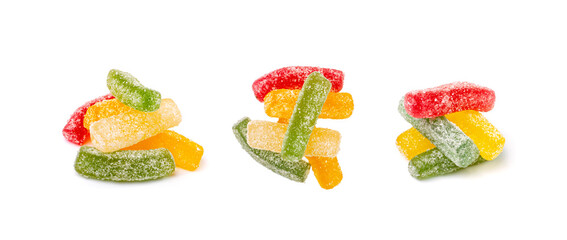 Gummy Candy Pile Isolated, Chewing Colorful Marmalade Sticks, Jelly French Fries Heap, Gelatin Candies