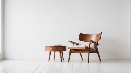 Fototapeta premium chair and wood side table against empty white color wall background. Minimalist style home