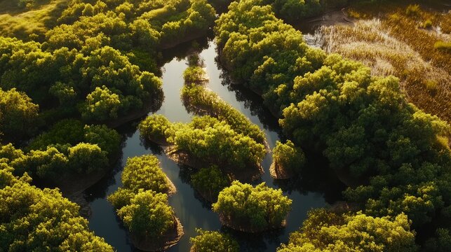 Aerial view of a mangrove forest with a winding river on the island. Top-down view, drone shot, wide-angle lens, sunny day, high-resolution photography, insanely detailed, fine details, professional 