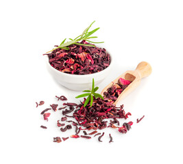 Dry Hibiscus Tea Isolated, Dry Rose Petals, Fruit Red Tea, Karkade Leaves, Dried Herbal Drink,...