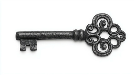Vintage Ornate Key with Detailed Engravings on a White Background