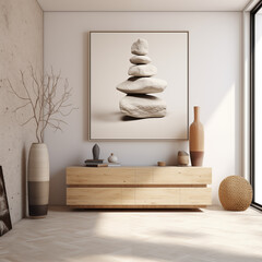 Modern Minimalist Living Room Interior with Balanced Stones Artwork
