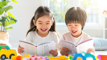 Fototapeta premium Two children happily reading books surrounded by colorful toys, enjoying a bright and cheerful indoor environment.
