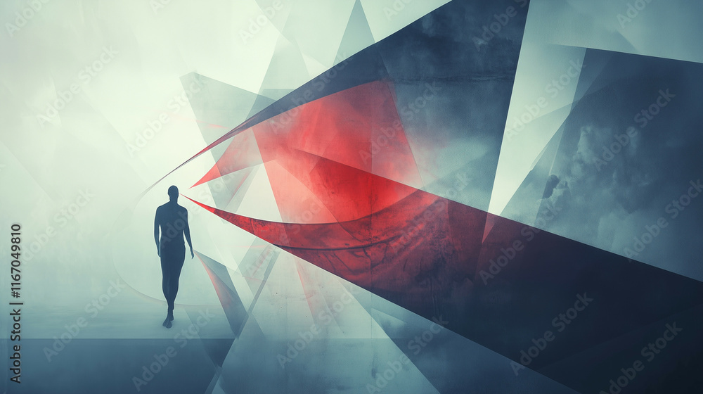 Poster an abstract technological scene with swirling light beams and floating geometric shapes, showcasing 