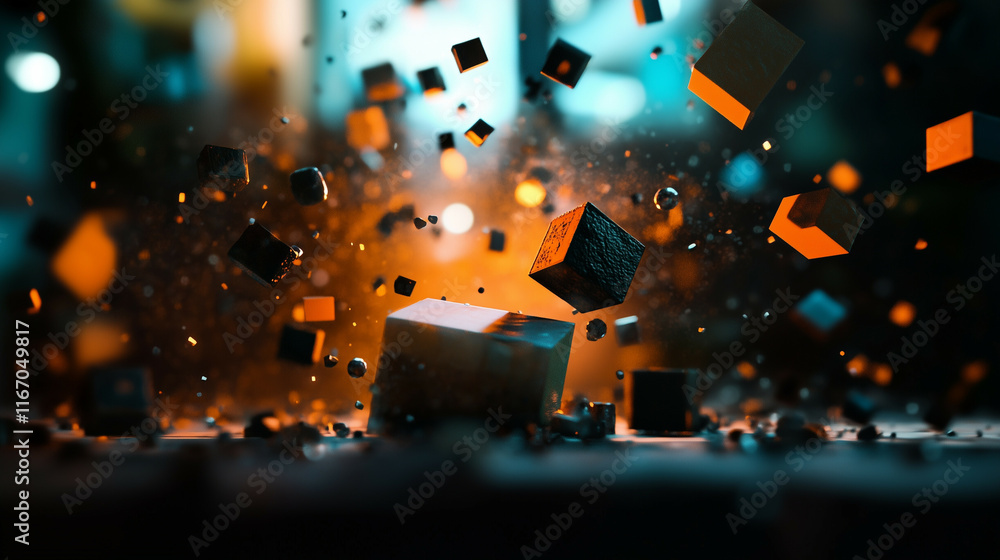 Aufkleber an abstract technological scene with swirling light beams and floating geometric shapes, showcasing 