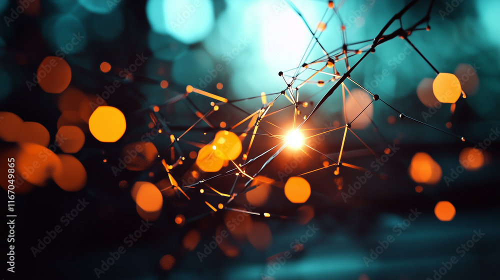 Poster an abstract technological scene with swirling light beams and floating geometric shapes, showcasing 