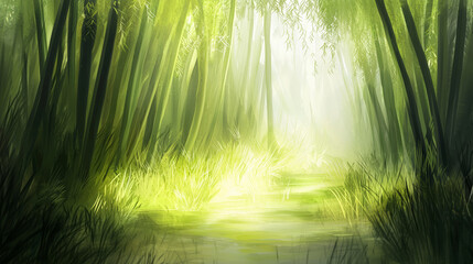 Fototapeta premium Lush bamboo forest with soft green tones and gentle light filtering through