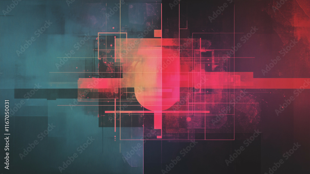 Poster an abstract technology design showcasing vibrant digital grids and illuminated data patterns, illust