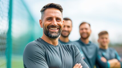 Fototapeta premium A smiling man stands confidently in front of teammates, showcasing camaraderie and teamwork on a sports field.