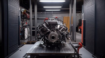 A high-torque, custom-built engine being tested on a dyno in a performance shop.