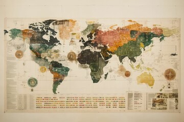 Large, textured world map; collage style.