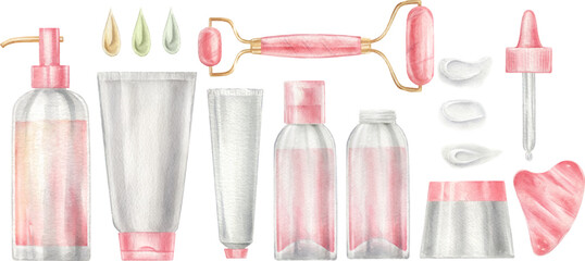 Obraz premium Watercolor set of illustration witn face cream and face massage roller.