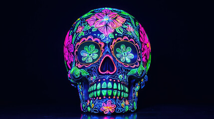 Ornate Glowing Sugar Skull with Vivid Neon Pinks in Dark Background