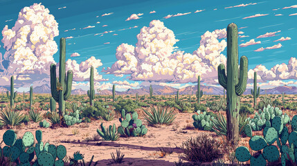 Lush cactus landscape in vibrant desert with dramatic clouds and mountains