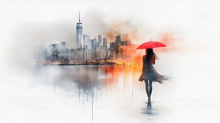 Abstract woman figure nautical scene vibrant colors emotional depth waterfront cityscape textured composition Ultra-Realistic Photo Realistic highly detailed 