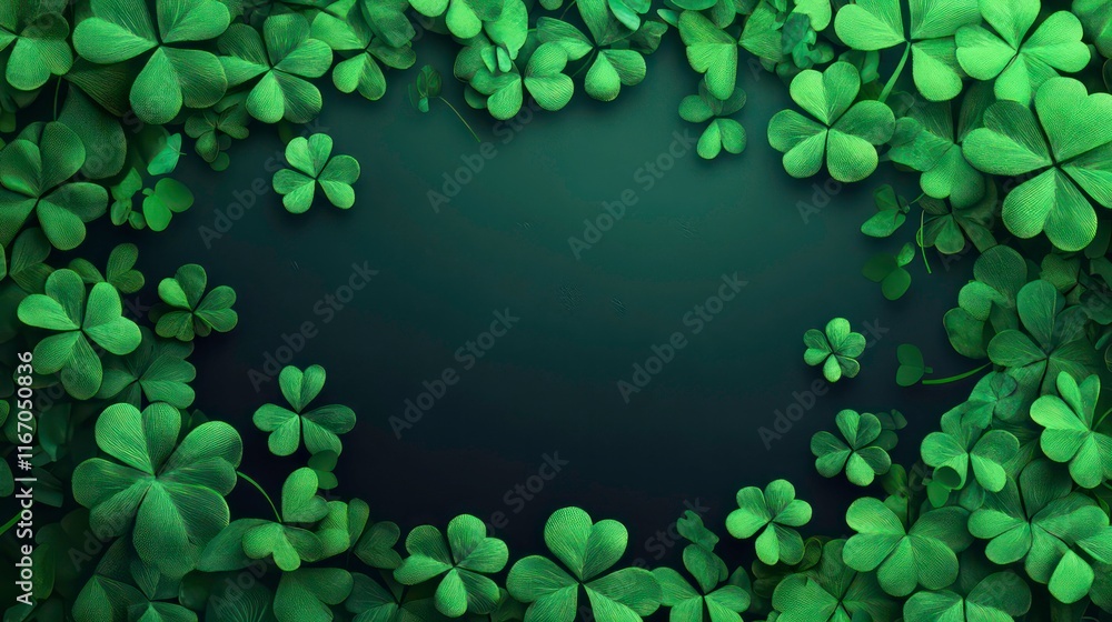 Poster lush green shamrocks create a frame around a dark background, leaving space for text or design.