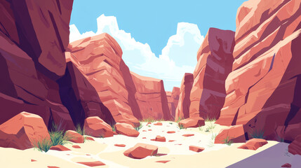 Canyon walls with colorful rock layers under bright blue sky