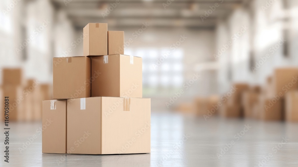 Poster cardboard boxes are neatly stacked in a well-lit warehouse, showcasing organization and efficiency i