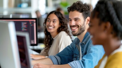Fototapeta premium A group of diverse young people smiling while working on computers in a collaborative workspace.